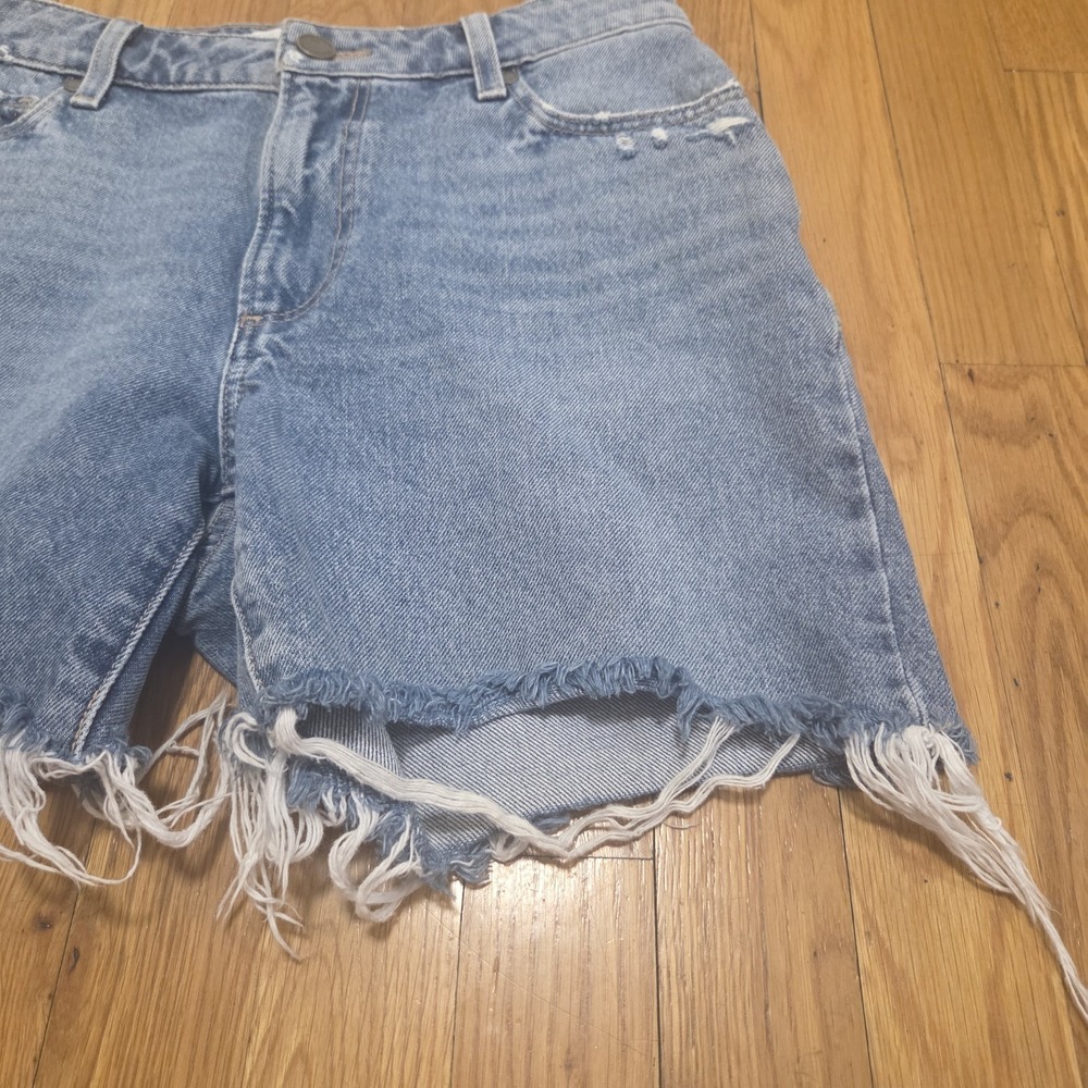 PAIGE Sarah Longline Denim Shorts Distressed Raw Hem Blue Size 27 High Rise - Picture 4 of 11